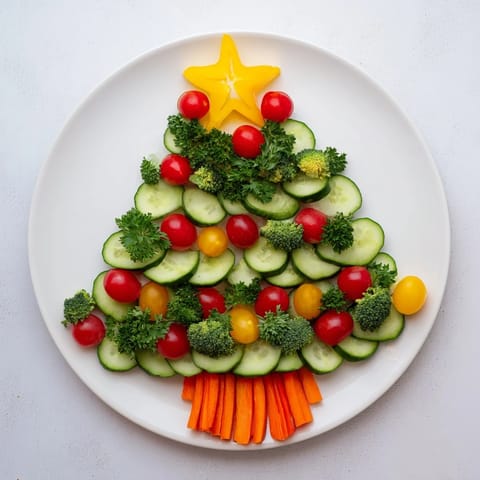 A beautiful Festive Tree Cucumber Tomato Platter, arranged with fresh veggies for a party appetizer.