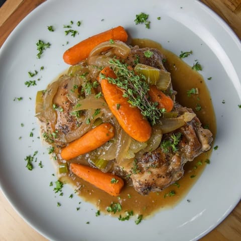 Imagine this Georgia Pot Roast Chicken: succulent chicken thighs and sweet onions braising in a rich sauce.