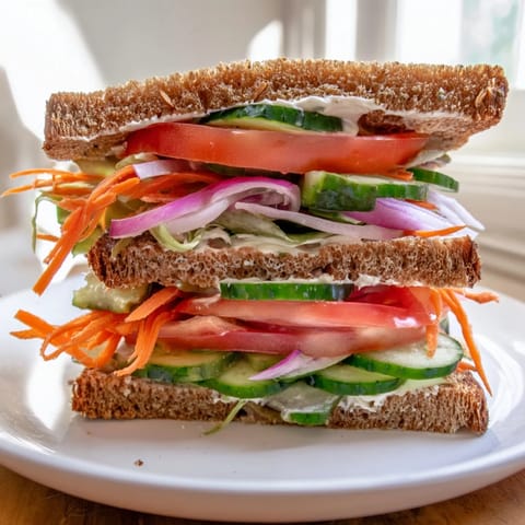 This delightful crunchy dill pickle sandwich shows a close-up of layers ready to be enjoyed.