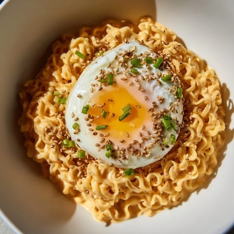 Steaming bowl of Instant Cheese Ramen, creamy with melted cheese and a soft poached egg.
