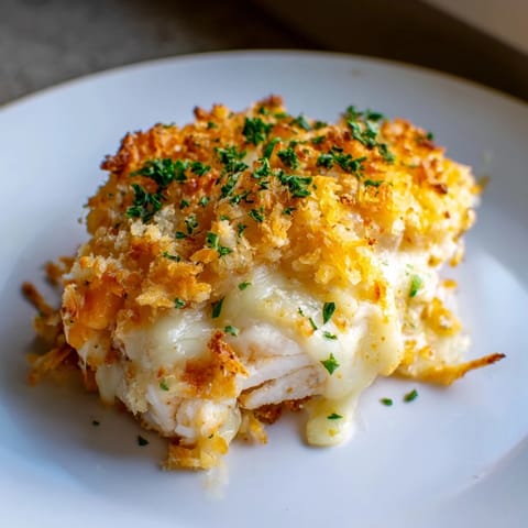Melted cheese blankets the juicy Cheesy Baked Chicken Breast, served with a garnish of fresh parsley.