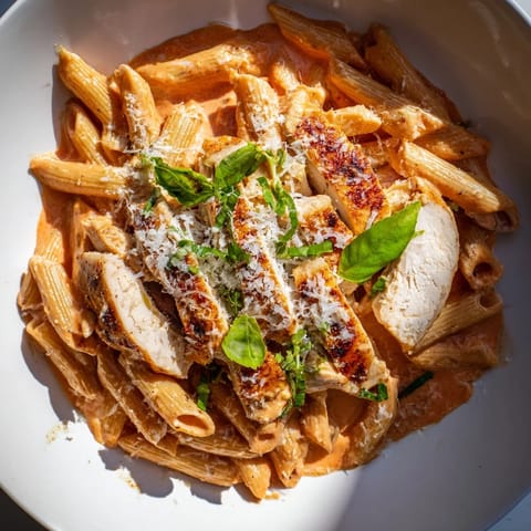 A close-up of Creamy Tomato Basil Chicken Pasta, showing the rich tomato sauce and tender chicken.