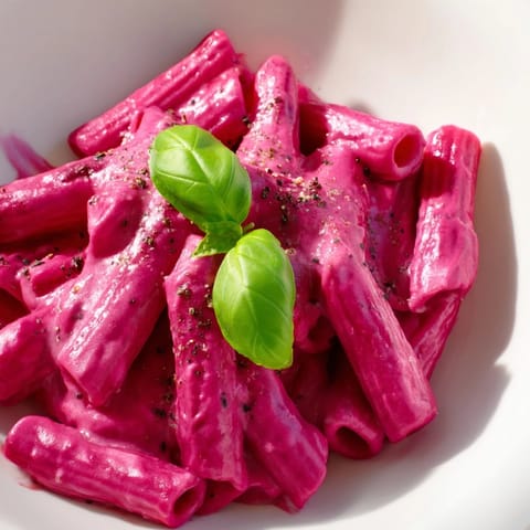 Silky vegetarian beet pasta with garlic and Parmesan, served warm for an easy Italian-inspired dinner.