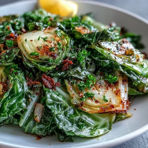 Sautéed Cabbage With Garlic and Mediterranean Spices in a skillet with colorful spices.