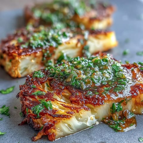 Cabbage steaks with jalapeño chimichurri served as a vegan main with grains.