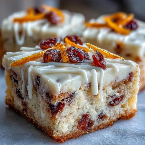 Cranberry Bliss Bars cut into squares, showcasing zesty orange frosting, dried cranberry garnish, and melted white chocolate over rich dessert squares.