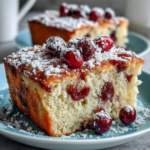 Warm slices of Cranberry Orange Breakfast Cake are served beside a steaming mug of coffee on a bright breakfast table.