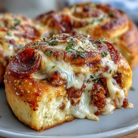 A close-up of Irresistible High Protein Pepperoni Pizza Rolls on a wooden board, with a side of warm pizza sauce for dipping.