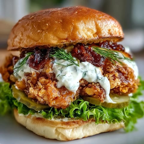 The finished Spicy Chicken Sandwich stacked high with dill pickles and juicy tomato slices on a wooden serving board.