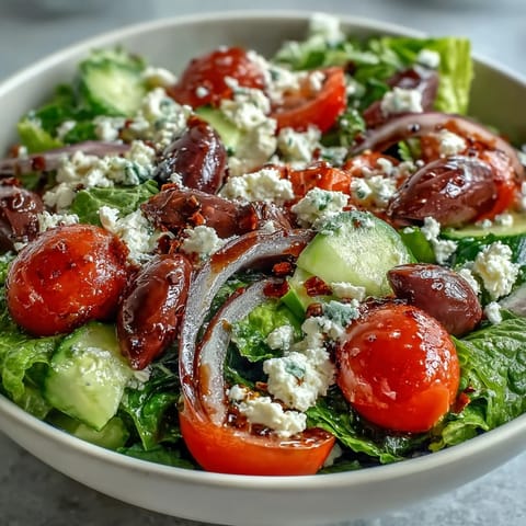 A vibrant Greek Salad Bowl filled with crisp romaine, juicy tomatoes, and creamy feta, ready to serve.