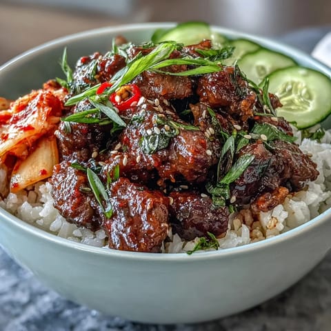 A vibrant Korean Beef Bowl topped with tangy kimchi, sliced radish, and toasted sesame seeds, served family-style for dinner.  