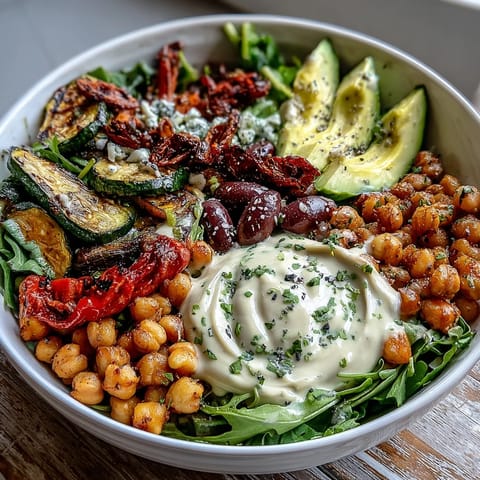 A close-up of the colorful Vegan Mediterranean Buddha Bowl shows mixed greens, chickpeas, olives, and zesty tahini drizzle.