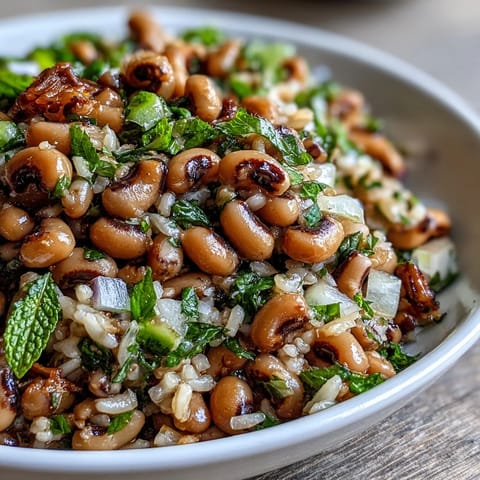 A chilled Southern Black Eyed Pea Salad in a white bowl, featuring celery and mint with a glistening lemon-mint vinaigrette.