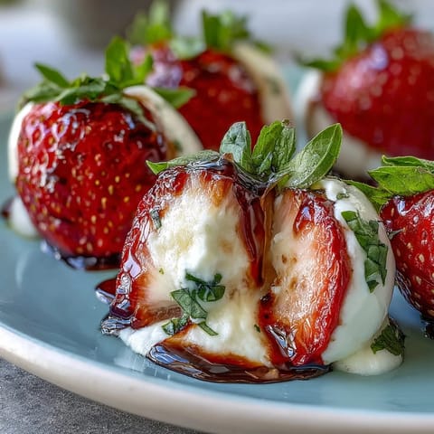 Strawberry Caprese Skewers with Balsamic Drizzle: Fresh strawberries and mozzarella on basil-kissed skewers, drizzled with sweet-tangy balsamic reduction.  