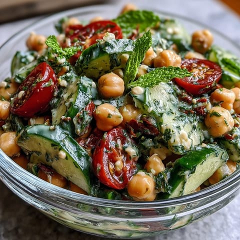 A vibrant cucumber chickpea salad with fresh parsley and mint, tossed in a tangy lemon vinaigrette for a healthy, plant-based meal.  