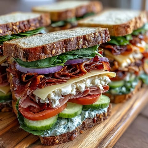 Loaded deli sandwich board with assorted meats, cheeses, and fresh vegetables arranged for easy self-service.