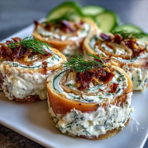 Creamy dill and smoked salmon pinwheels with crisp cucumber slices, perfect for elegant parties or brunch spreads.