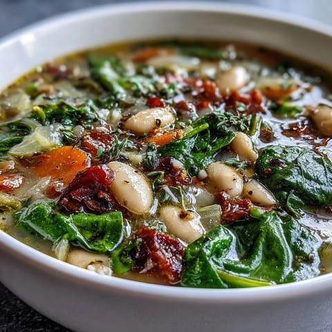 Hearty Tuscan white bean and spinach soup with tender vegetables and aromatic herbs in a slow cooker.  