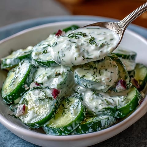 Refreshing Creamy Cucumber Dill Salad featuring thinly sliced cucumbers and red onion, tossed in a cool, creamy herb dressing.  