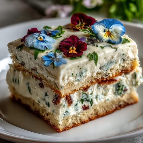 Spring Cake with Pressed Edible Flowers and Lemon Curd, a light and elegant dessert with floral accents and tangy citrus flavor.