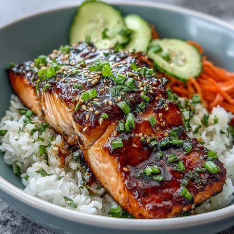 Vibrant teriyaki salmon bowl with glazed fillets, fresh vegetables, and rice, perfect for quick summer dinners.