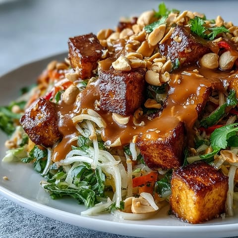Fresh Thai Mango Salad with golden tofu, crunchy peanuts, and bright flavors.