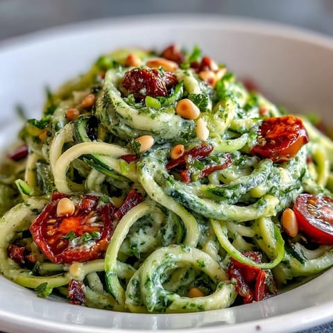 Zucchini Noodles with Avocado Pesto: vibrant green swirl of spiralized zucchini and creamy pesto.