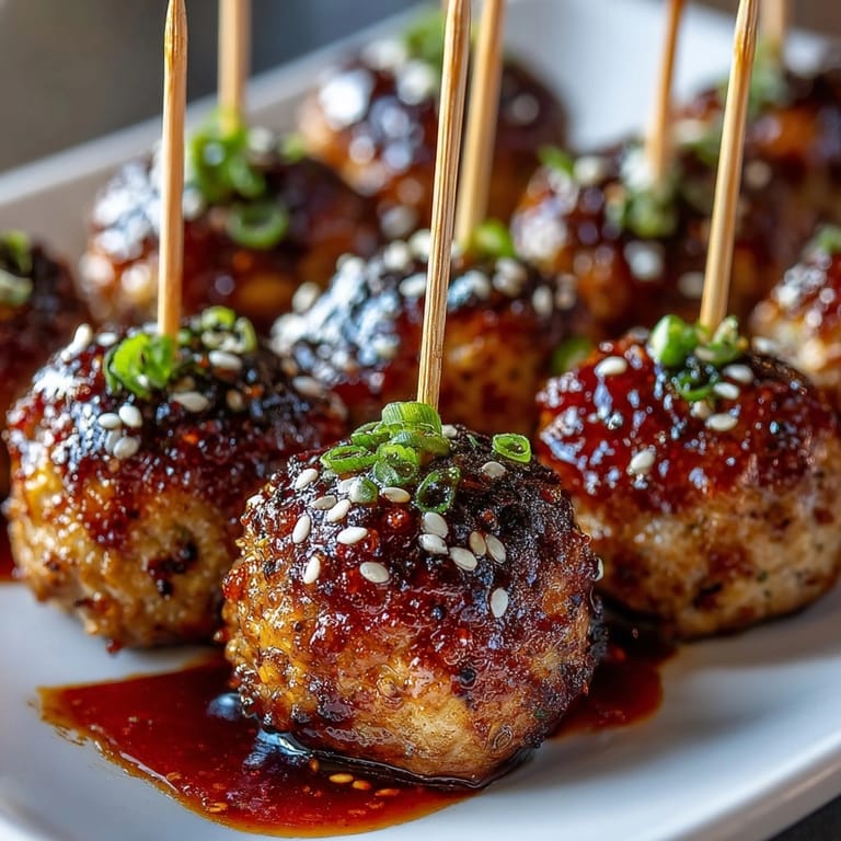 Close-up: Juicy mini Sriracha turkey meatball skewers ready to serve for a BBQ.