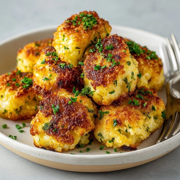 Close up of warm, delectable Cheddar &amp; Chive Cauliflower Tater Tots, perfect with dipping sauce.