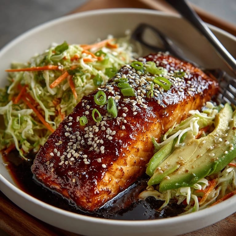 Delectable Spicy Honey Salmon Bowl with creamy avocado slaw, ready to serve: perfect weeknight dinner.