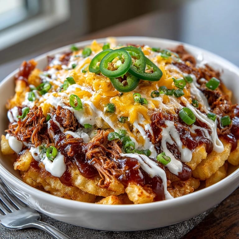 Stacked BBQ Ranch Loaded Tater Fries with melted cheese, ready to be devoured with friends!