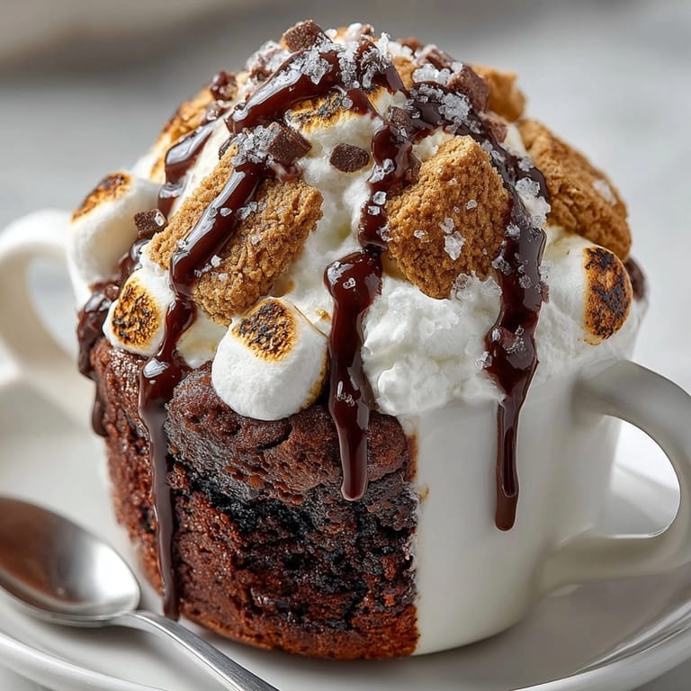 Easy S'mores Mug Cake recipe, topped with flaky sea salt, for a single-serving dessert.