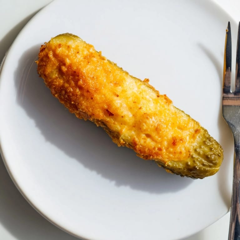 Easy low-carb snack: fried cheese melting around a crunchy pickle; a unique Cheese-Wrapped Pickles bite.