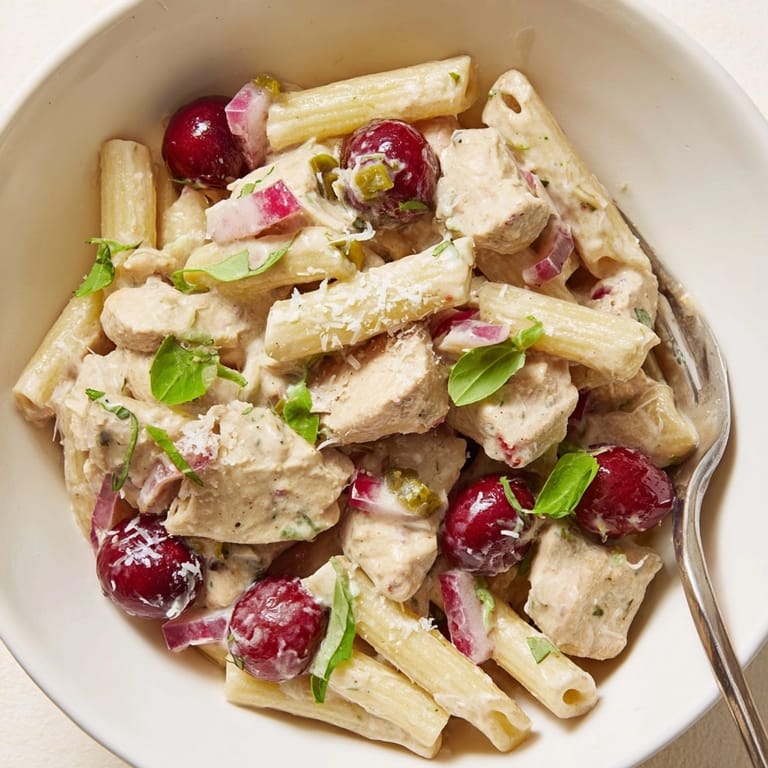 Close-up of sweet, spicy Cherry Jalape&#241;o Chicken Pasta showing juicy cherries, tender chicken pieces.