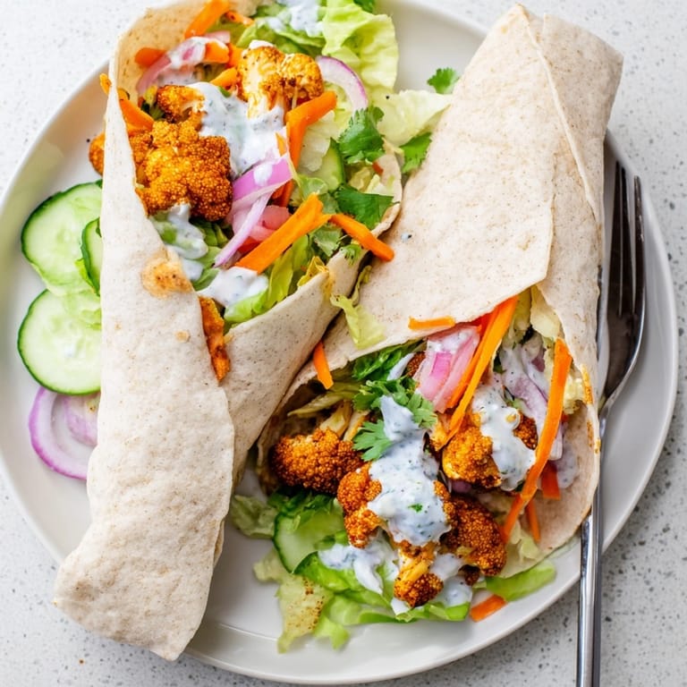 Golden, crispy Vegan Buffalo Cauliflower Wraps being assembled with cool ranch & veggies.