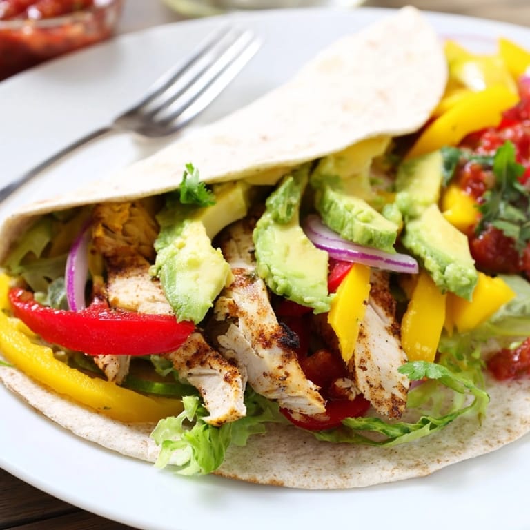 Warm and soft Mango Avocado Chicken Burritos, ready for a flavorful lunch bite.