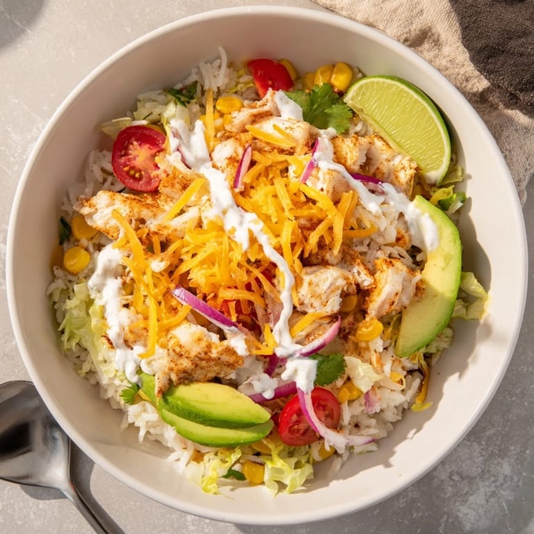 Easy weeknight Cheesy Cajun Fish Taco Bowls recipe featuring colorful, fresh ingredients.
