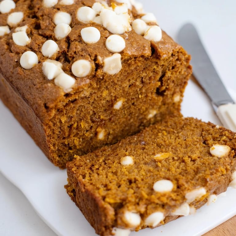 Aromatic pumpkin white chocolate muffin loaf, golden-brown and perfect for breakfast bites.  