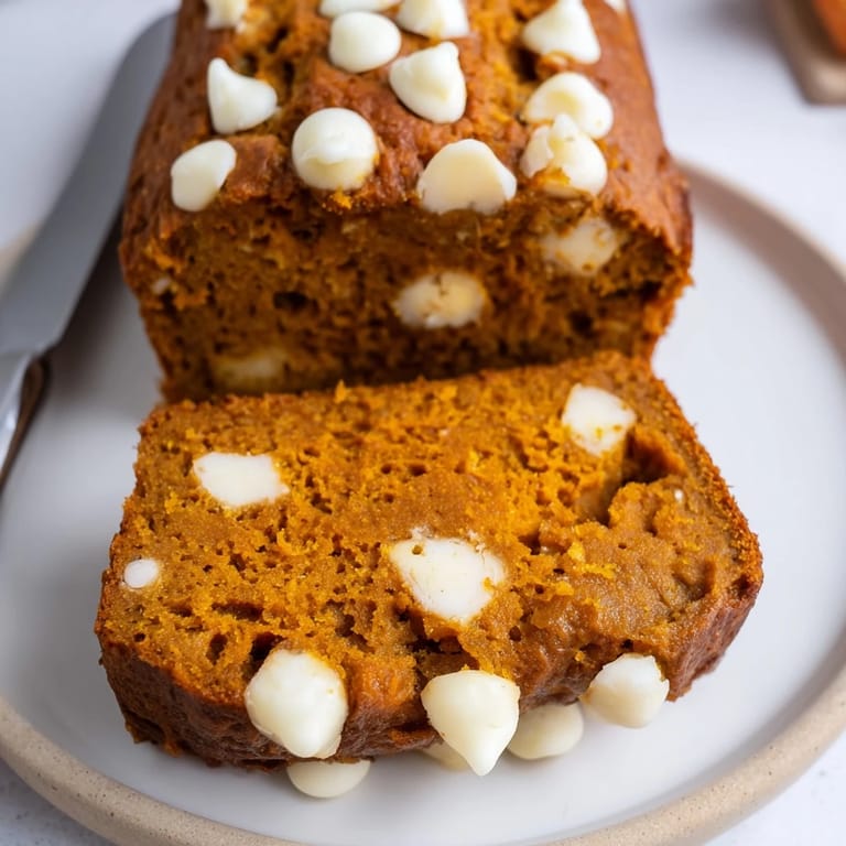 Sliced pumpkin white chocolate muffin loaf, showcasing creamy white chocolate and warming spices.