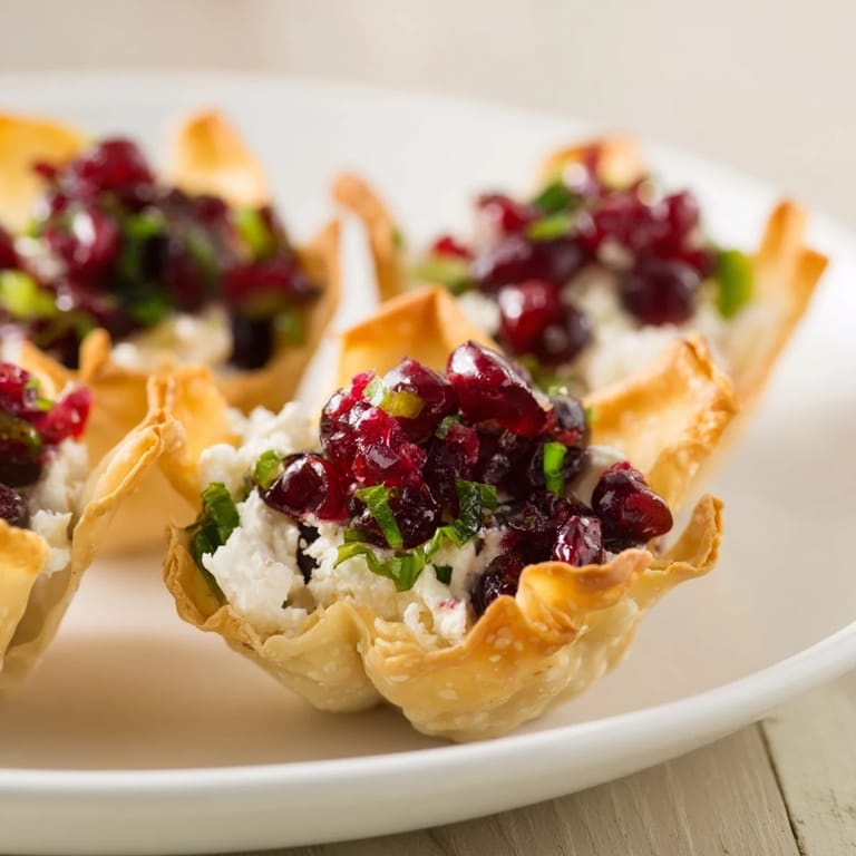 Deliciously vibrant cranberry jalapeño dip served in golden-baked wonton cups.