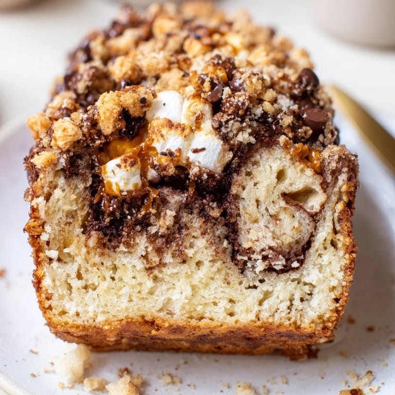 Cinnamon-swirled Smores Muffin Loaf, featuring mini marshmallows and crunchy pretzel topping.  