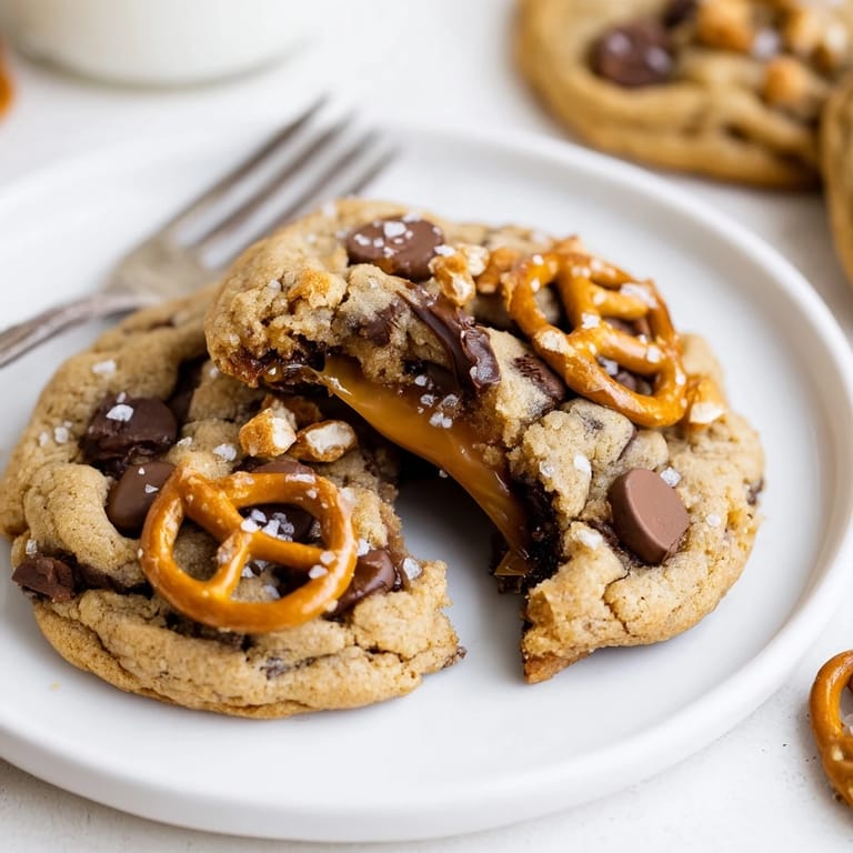 Deliciously crafted salted caramel pretzel chocolate chip cookies ideal with cold milk.