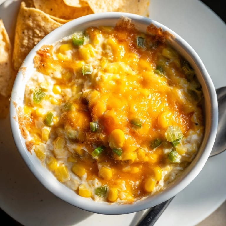 Delicious Cheesy Jalapeño Corn Dip garnished with green onions and served warm with chips.  