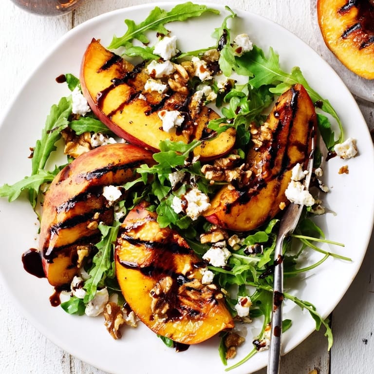 Vibrant grilled peach salad with creamy feta, drizzled in tangy balsamic glaze. 