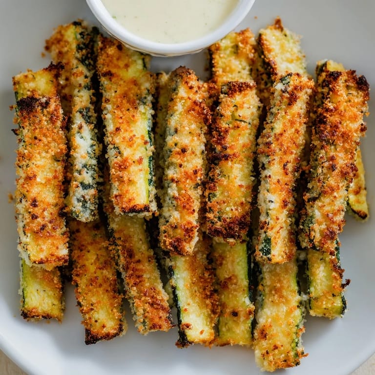 Baked crispy zucchini fries paired with savory garlic aioli, ideal for appetizers.