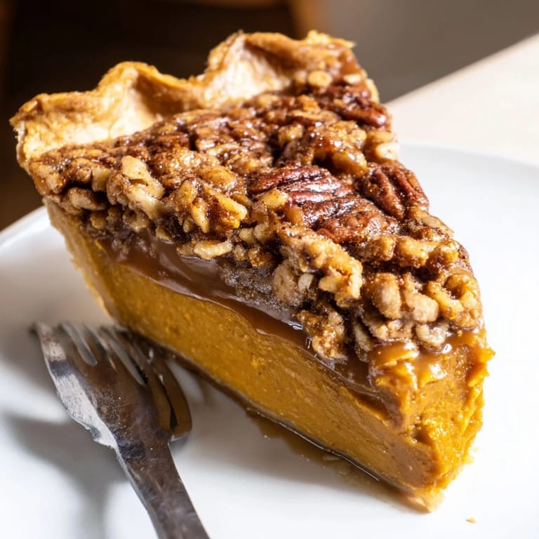 Delight in the creamy layers of Pumpkin Pecan Caramel Pie, perfect for fall gatherings.