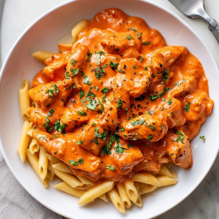 Hearty Slow Cooker Creamy Tomato Basil Chicken simmering in a rich tomato sauce.  