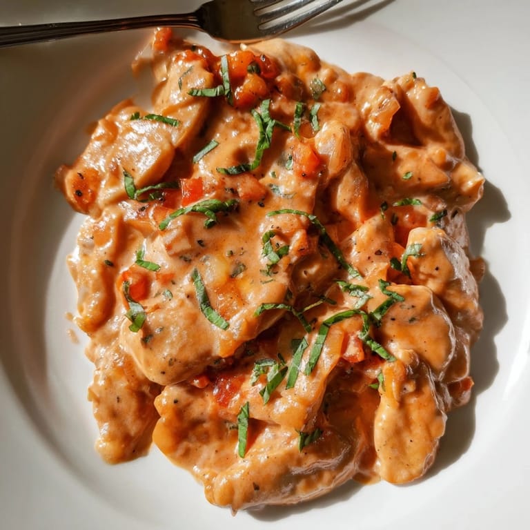 Tender Slow Cooker Creamy Tomato Basil Chicken garnished with herbs for a delightful meal.