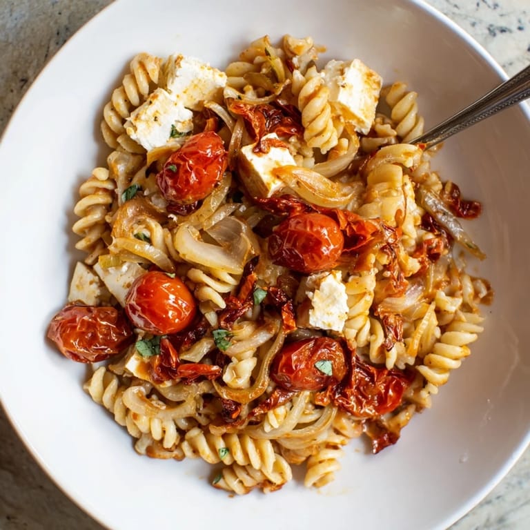 Deliciously baked feta pasta topped with fresh basil, offering savory Mediterranean flavors.  