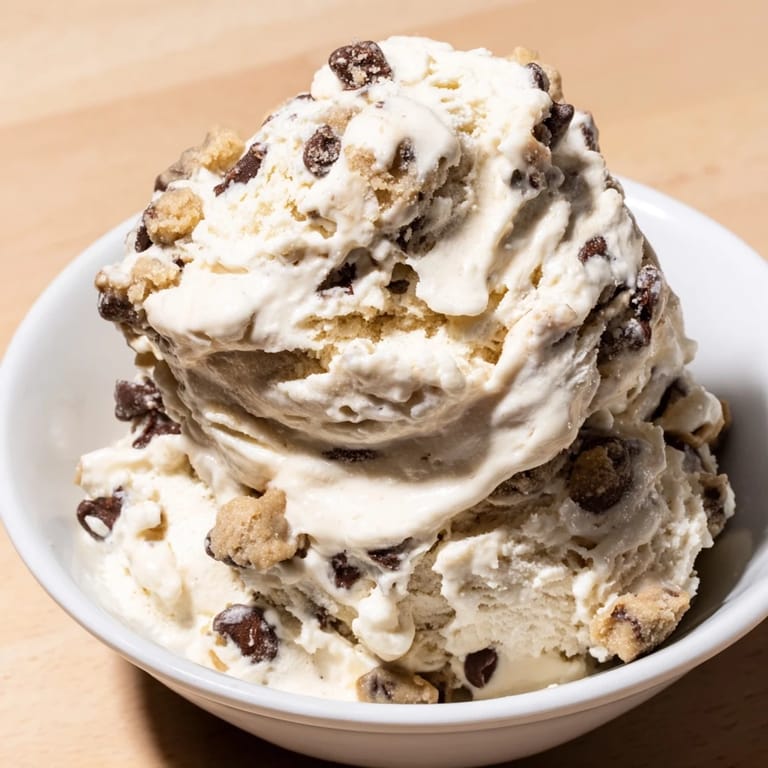 Guilt-free cottage cheese ice cream topped with delicious edible cookie dough nuggets.  
